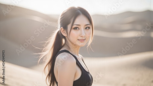 Fototapeta Naklejka Na Ścianę i Meble -  Asian Woman in Desert: Serene Portrait of Athlete in Black Tank Top with Ponytail, Golden Hour Sunlight, Adventure & Fitness Motivation