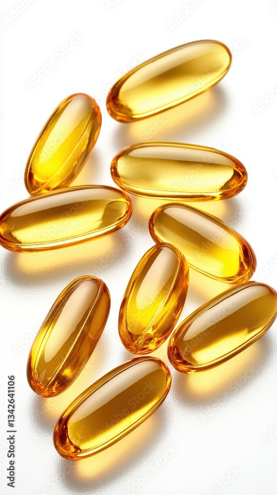 Shimmering Golden Capsules of Fish Oil on a Reflective Surface Shimmering Golden Capsules of Fish Oil on a Reflective Surface