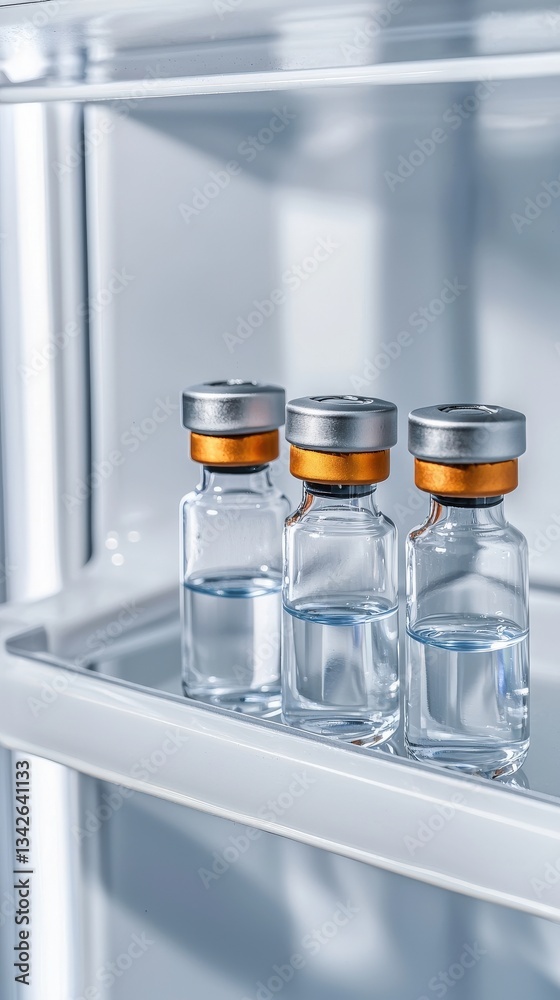 Bright Refrigerator with Vaccine Vials Stored on a Shelf