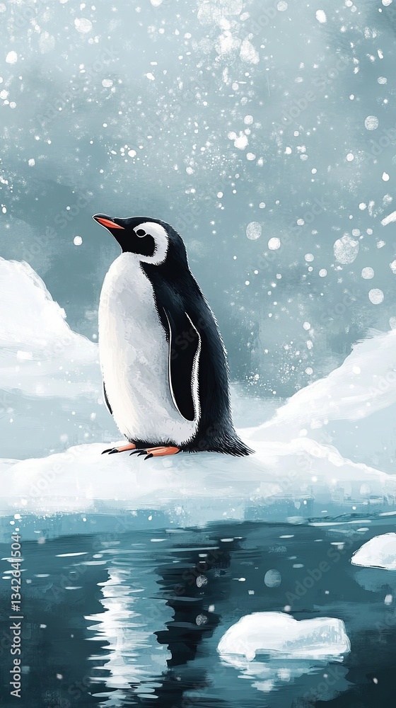 Obraz premium Penguin, black and white birds, roam wild ice and snow, cute animals of polar nature