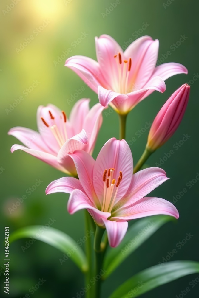 Soft pink lily flowers in dreamy garden setting, pastel colors, pastel, gentle focus Soft pink lily flowers in dreamy garden setting, pastel colors, pastel, gentle focus
