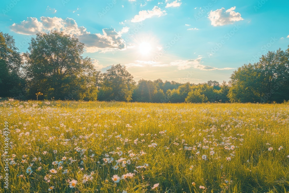 Obraz premium Peaceful Spring Meadow with Blooming Wildflowers and Sunlight