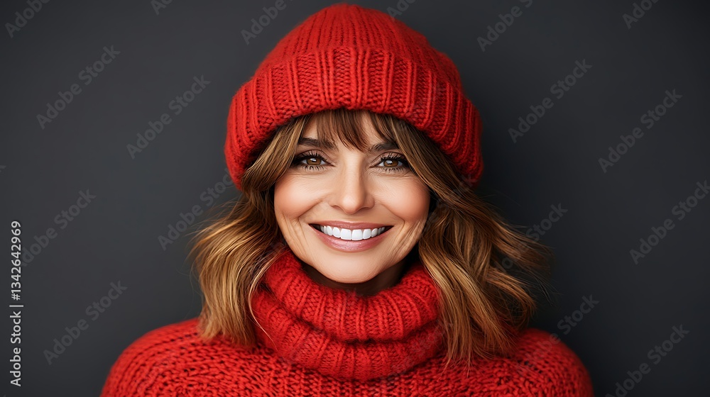 Smiling woman in red winter outfit on grey backdrop Smiling woman in red winter outfit on grey backdrop