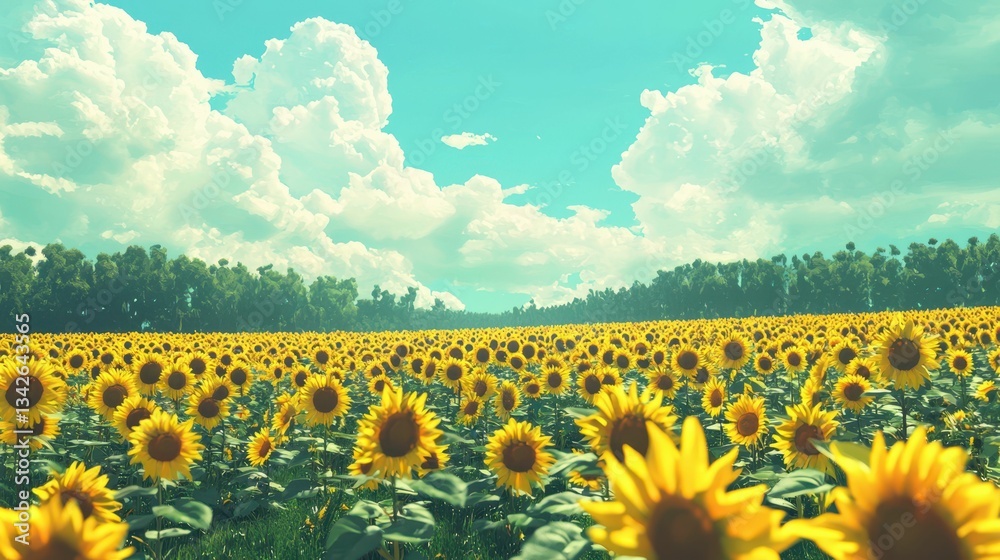 Obraz premium Bright Sunflowers Stretching Across a Field Under a Blue Sky