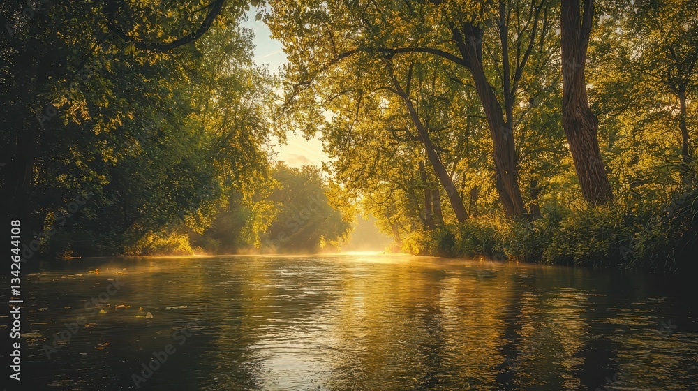 Serene Calm River with Tall Trees Lining the Tranquil Banks Serene Calm River with Tall Trees Lining the Tranquil Banks