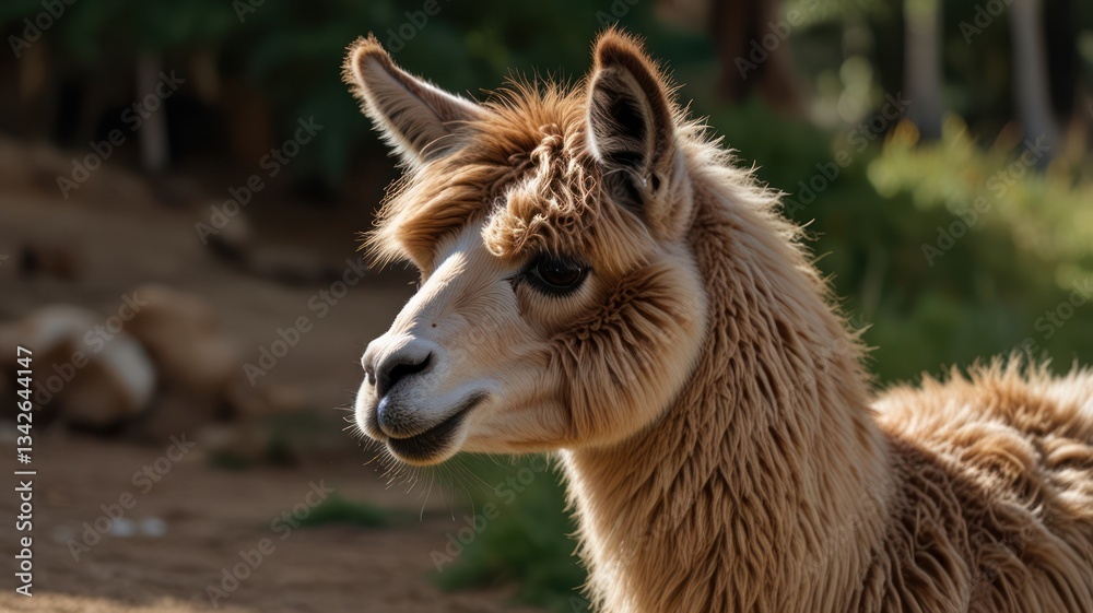 Obraz premium Close-up profile of a fluffy alpaca