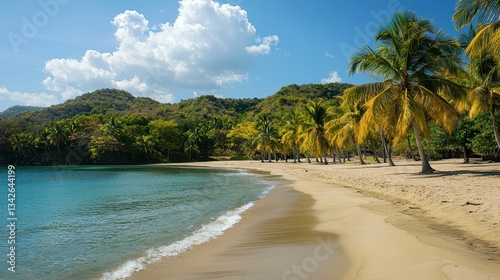 Serene Tropical Beach with Swaying Palm Trees and Clear Blue Sky