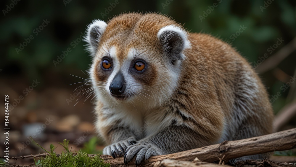 Fototapeta premium Close-up of a lemur, alert and inquisitive. A small primate, reddish-brown fur with white underparts, captivating large orange eyes, delicately positioned on the ground near fallen branches and moss