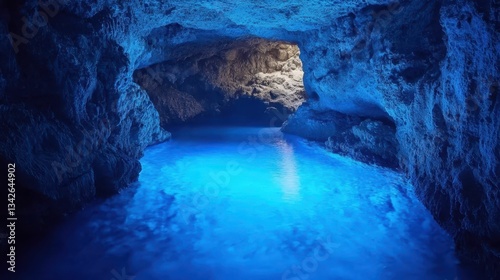 Blue Light Emanating from Pool of Water in Cave Tunnel Depths