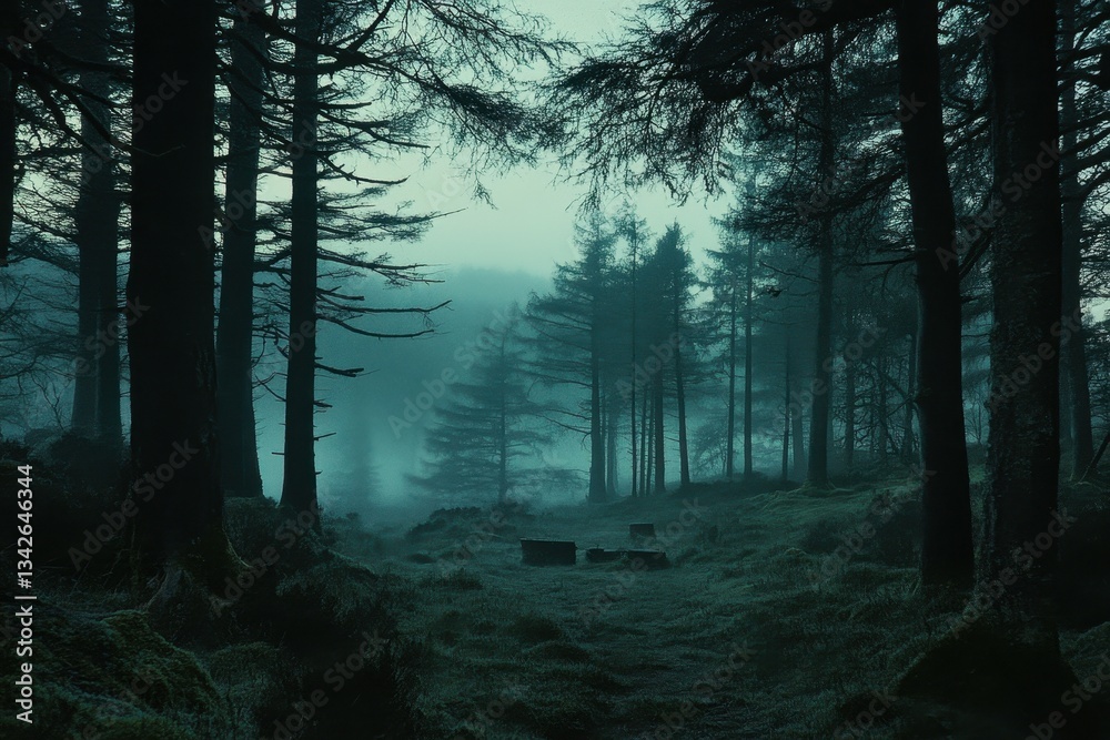 Fototapeta premium Dense foggy forest with tall trees and dim lighting atmosphere