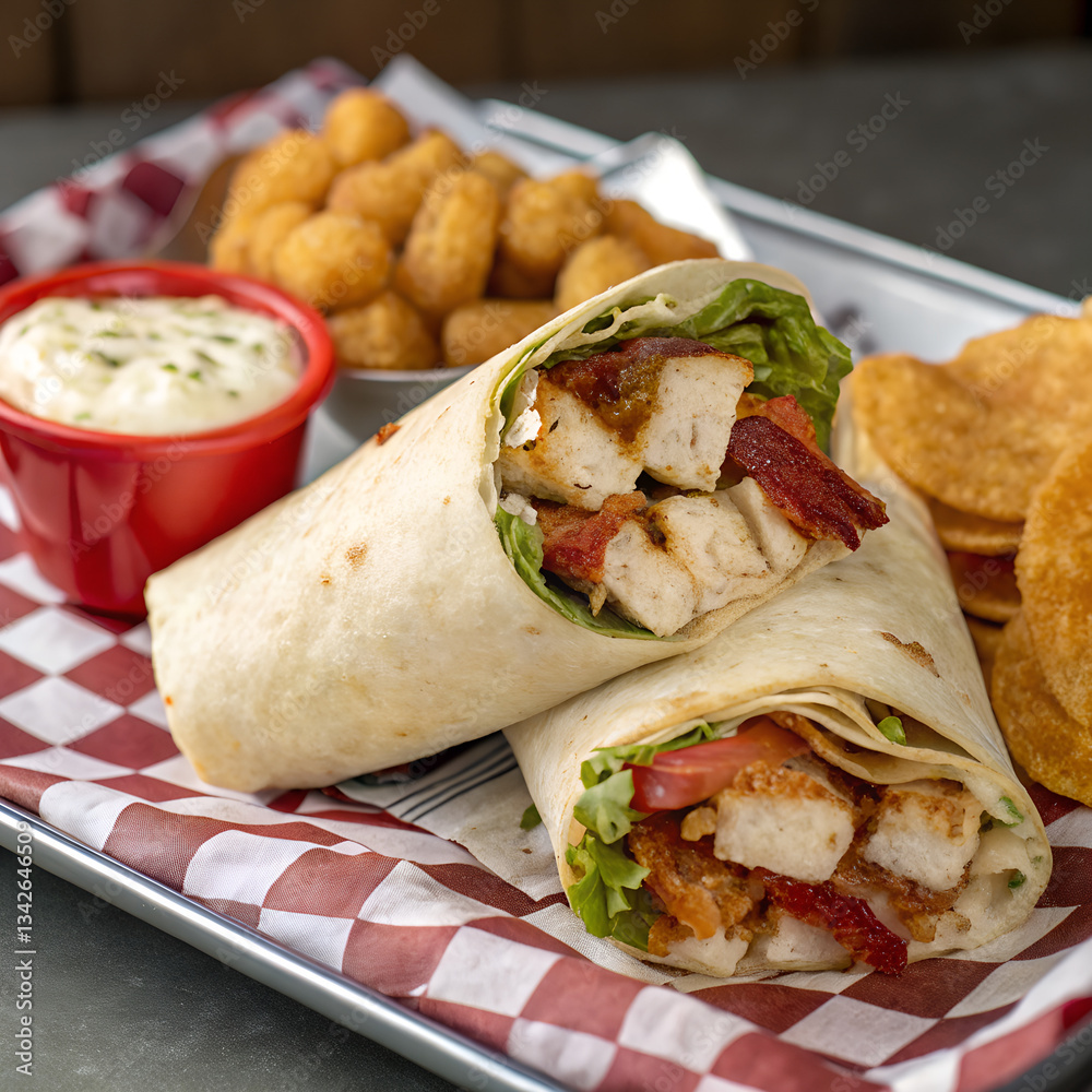 Chicken and bacon wraps served with potato bites and dip, presented on a checkered paper-lined tray for casual dining. Chicken and bacon wraps served with potato bites and dip, presented on a checkered paper-lined tray for casual dining.
