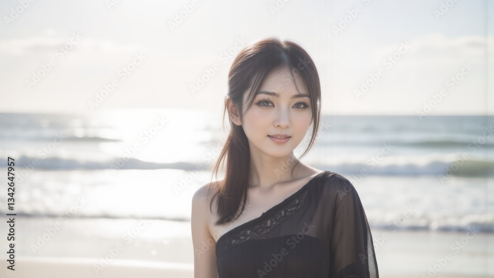 Beautiful Asian Woman at Beach: Serene Portrait in Black Dress on Sandy Shore with Ocean Waves, Sunlight, and Natural Beauty Beautiful Asian Woman at Beach: Serene Portrait in Black Dress on Sandy Shore with Ocean Waves, Sunlight, and Natural Beauty