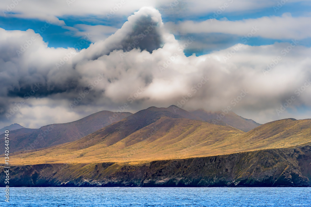 Striking dramatic skies hang over the coastal shores of the Channel Islands during a colorful Springtime day