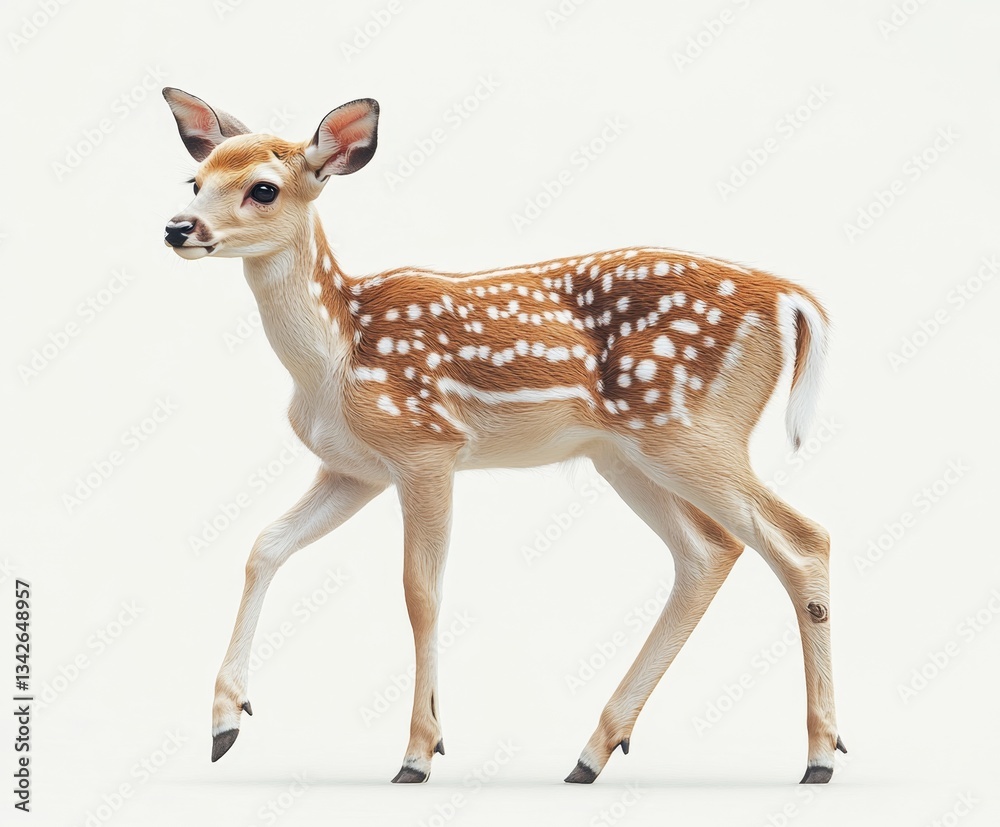 Young Fawn Standing Gracefully with Beautiful Spots and Soft Fur against a Light Background in a Studio Setting Young Fawn Standing Gracefully with Beautiful Spots and Soft Fur against a Light Background in a Studio Setting