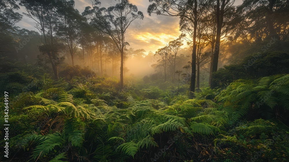 Fototapeta premium Misty Rainforest Scene with Dense Green Foliage at Sunrise
