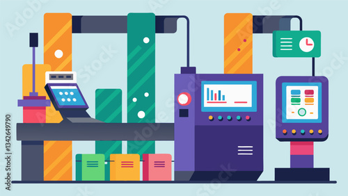 An industrial printing company has outfitted their machines with sensors that can detect ink levels and track print quality leading to better maintenance planning and reduced. Vector illustration