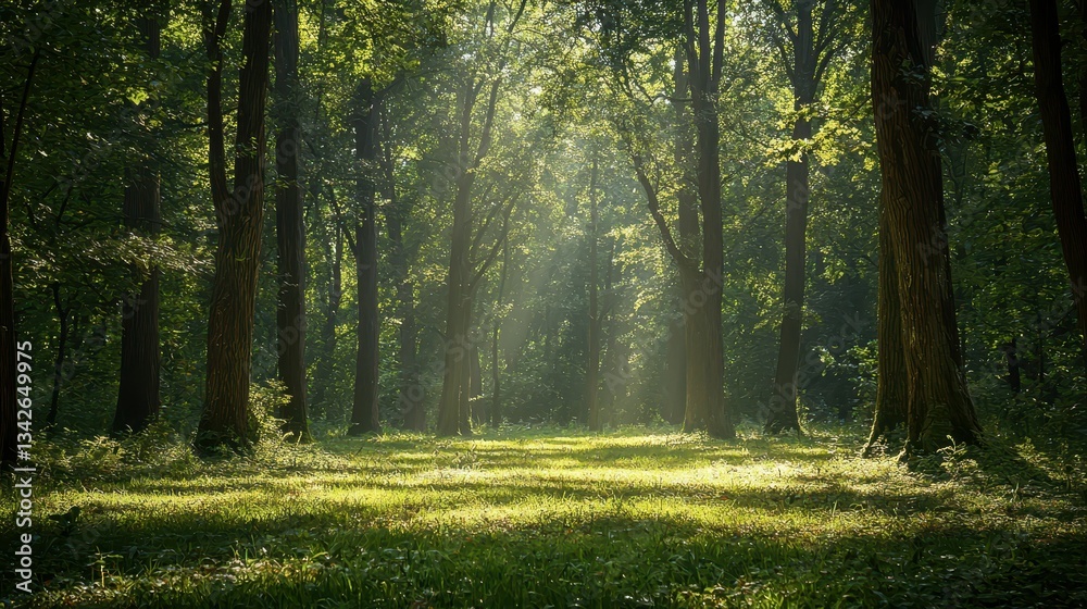 Fototapeta premium Tranquil Forest Glade Surrounded by Towering Oak Trees