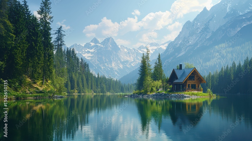 Fototapeta premium Tranquil Lakeside Retreat Surrounded by Majestic Mountains