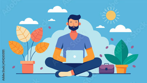A man takes a techfree vacation grateful for his digital wellness coachs guidance on practicing mindful technology use and taking breaks for selfcare.. Vector illustration