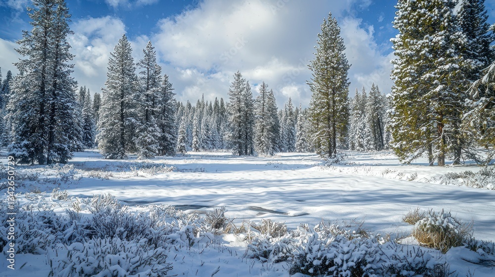 Fototapeta premium Peaceful Snowy Meadow with Fresh Powder Covering Ground and Trees