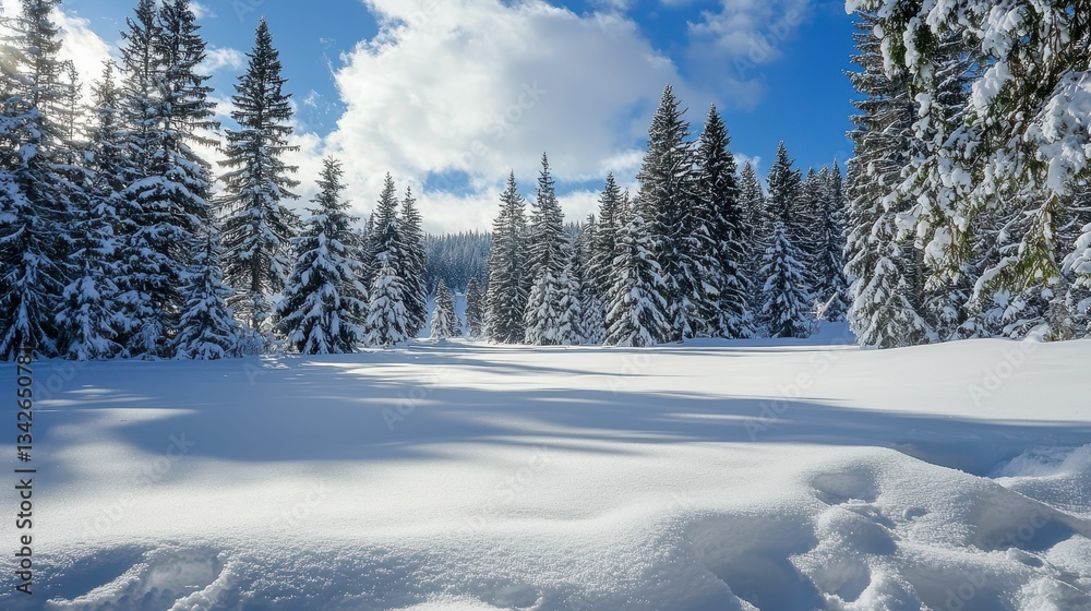 Obraz premium Peaceful Snowy Meadow with Fresh Powder Covering the Ground