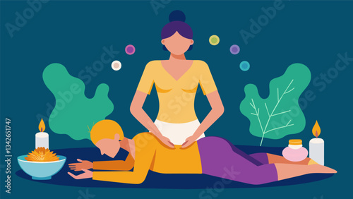 A person receives a massage with essential oils specifically chosen to align and balance their chakras.. Vector illustration