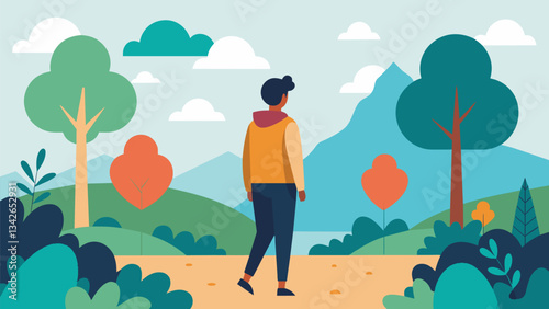 A person taking a walk in nature using the sights sounds and smells around them as a way to connect with their surroundings and calm their mind.. Vector illustration