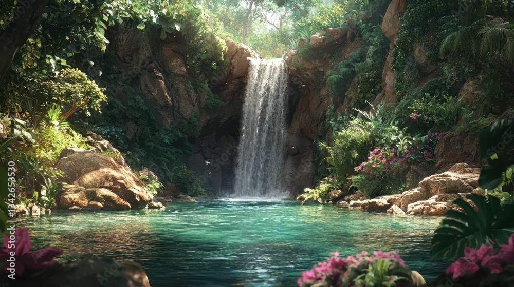 Naklejka premium Serene Waterfall in a Secluded Jungle Oasis with Vibrant Flora