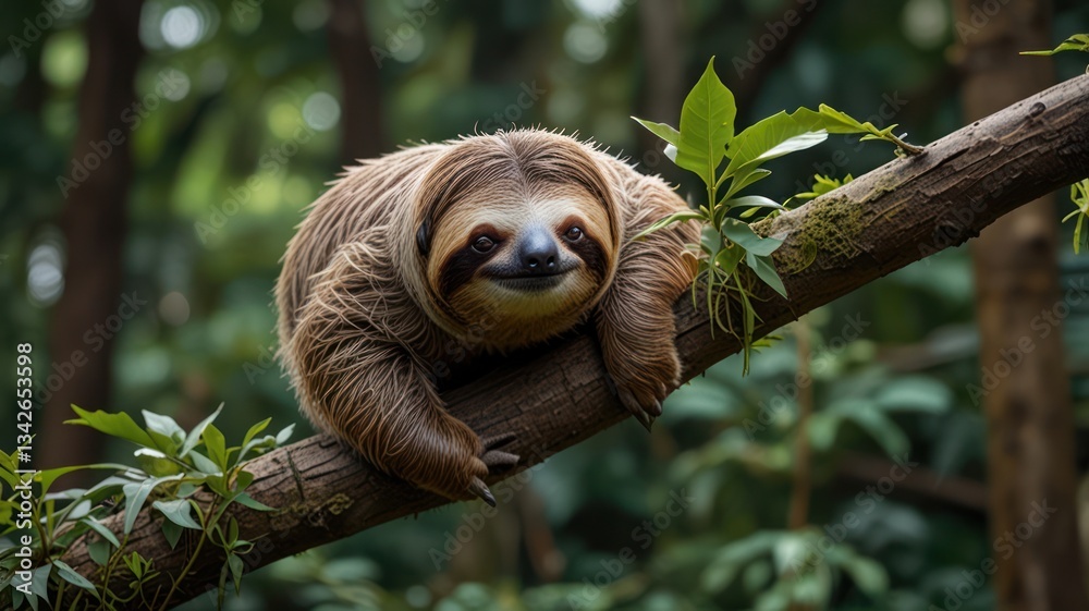 Sleepy sloth resting on branch in lush rainforest Sleepy sloth resting on branch in lush rainforest