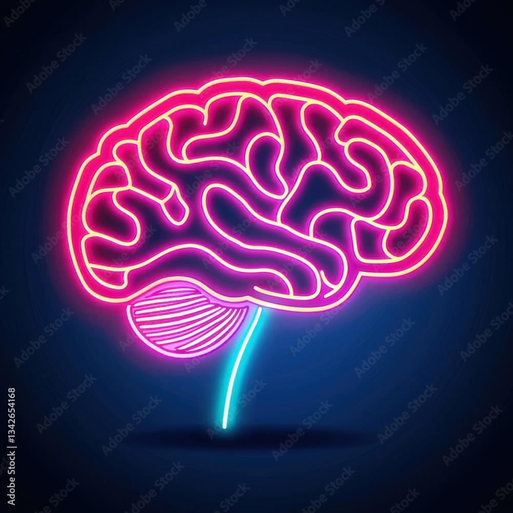 Vibrant Neon Brain Model with Glowing Pink and Yellow Neural Pathways on Dark Blue Background Representing Complexity Vibrant Neon Brain Model with Glowing Pink and Yellow Neural Pathways on Dark Blue Background Representing Complexity