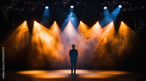 Warm Spotlights Illuminating Performer in Dramatic Stage Setting