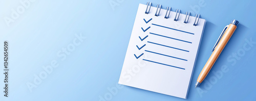 A checklist notepad and pen on a blue background for task management.