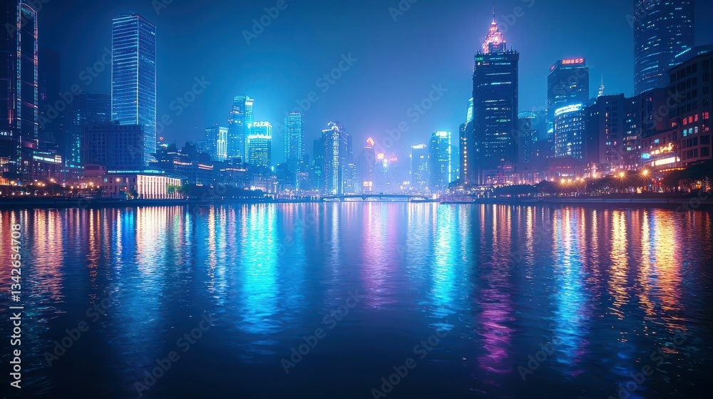 Fototapeta premium Soft Cool Light Reflection of City Skyline at Night