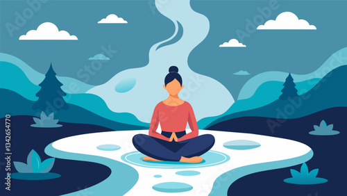 A gently flowing stream with a person visualizing their worries floating away as they practice mindfulness meditation to calm their anxiety.. Vector illustration