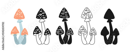 Mushroom poisonous fly agaric hand drawn symbol set. Illustration for medicine, biological supplements, experimental medicine to improve health. Wild fantasy doodle amanita mushroom vector art design