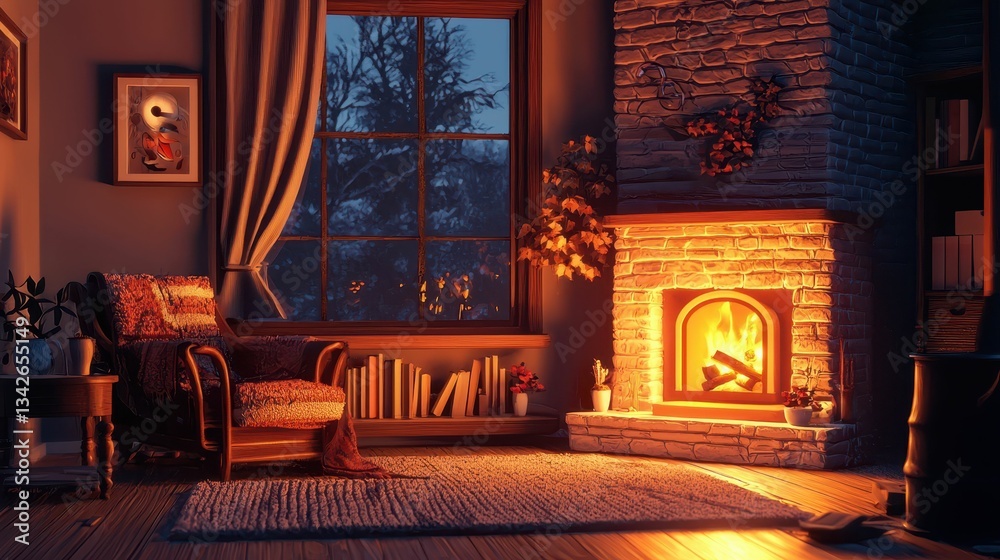 Fototapeta premium Cozy Living Room with Warm Glow from Fireplace in Evening Light