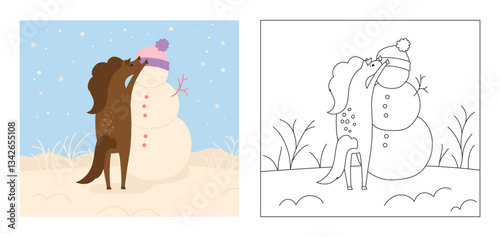 Horse with snowman winter landscape coloring book for kids cartoon vector illustration. Abstract hand drawing comic stallion mare horse greeting card. Drawing flat animal design perfect for children