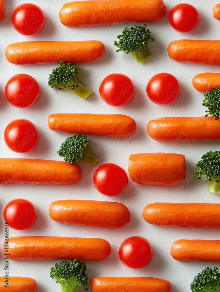 A Stunning Flatlay of Colorful Baby Carrots, Cherry Tomatoes, and Broccoli Florets in Earthy Hues on a Textured Background