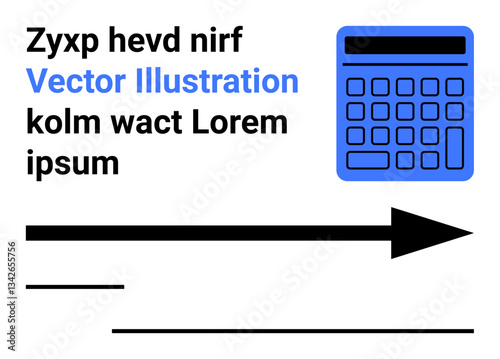 Blue calculator, bold black arrows pointing right, and three lines of text in diverse fonts. Ideal for finance, productivity, calculations, direction, navigation, education simple landing page