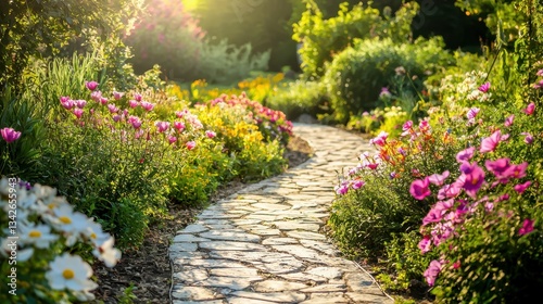 Sunlit Garden with Winding Stone Pathway Surrounded by Flowers