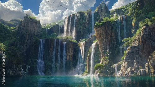 Towering Cliff Face with Cascading Waterfalls and Lush Greenery
