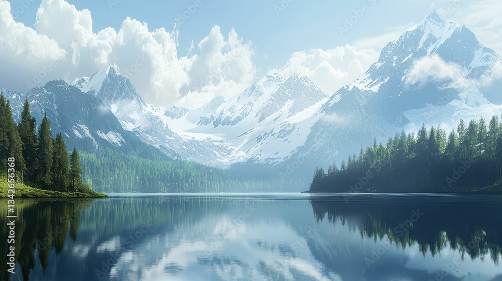 Naklejka premium Tranquil Alpine Lake with Still Waters Reflecting Mountain Landscape