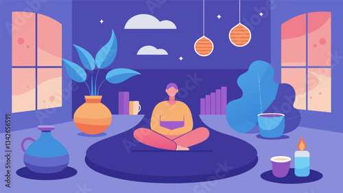 A designated meditation room equipped with calming scents comfortable cushions and gentle music allowing employees to relax and reset their minds.. Vector illustration