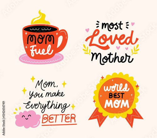 A set of playful and colorful affirmation stickers designed for celebrating Mother’s Day