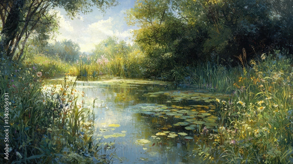 Tranquil Pond Surrounded by Reeds and Wildflowers in Nature Tranquil Pond Surrounded by Reeds and Wildflowers in Nature