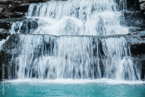 Life Span Health Concepts. Waterfall cascading over rocks into a turquoise pool.