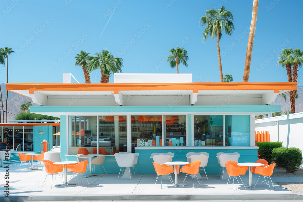 Fototapeta premium 70’s vibe Cafe exterior and interior on the side of the road in California.