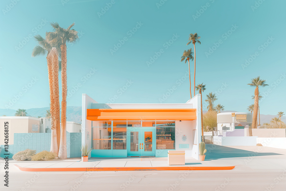 Fototapeta premium 70’s vibe Cafe exterior and interior on the side of the road in California.