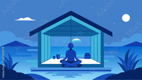 A cozy beach house with windows open the soft sound of waves filling the room as a person sits in a lotus position bathed in tranquil blue light.. Vector illustration