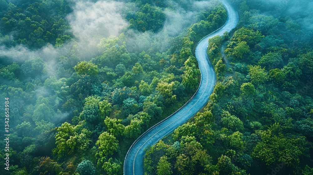 Winding Road Disappearing into Foggy Forest Landscape at Dawn Winding Road Disappearing into Foggy Forest Landscape at Dawn